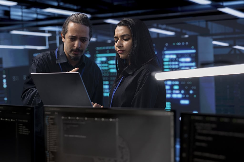 Cybersecurity specialists review a system for intrusion attempts and vunerabilities
