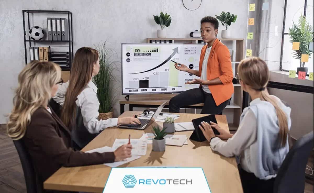 Business owner presenting growth plans on a smart screen to her colleagues at a boardroom table.