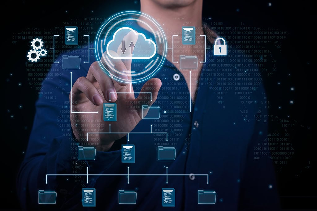 Concept of a man working with data in the cloud