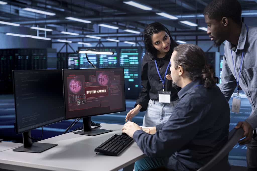 Cybersecurity experts work on a system hacked by ransomware.