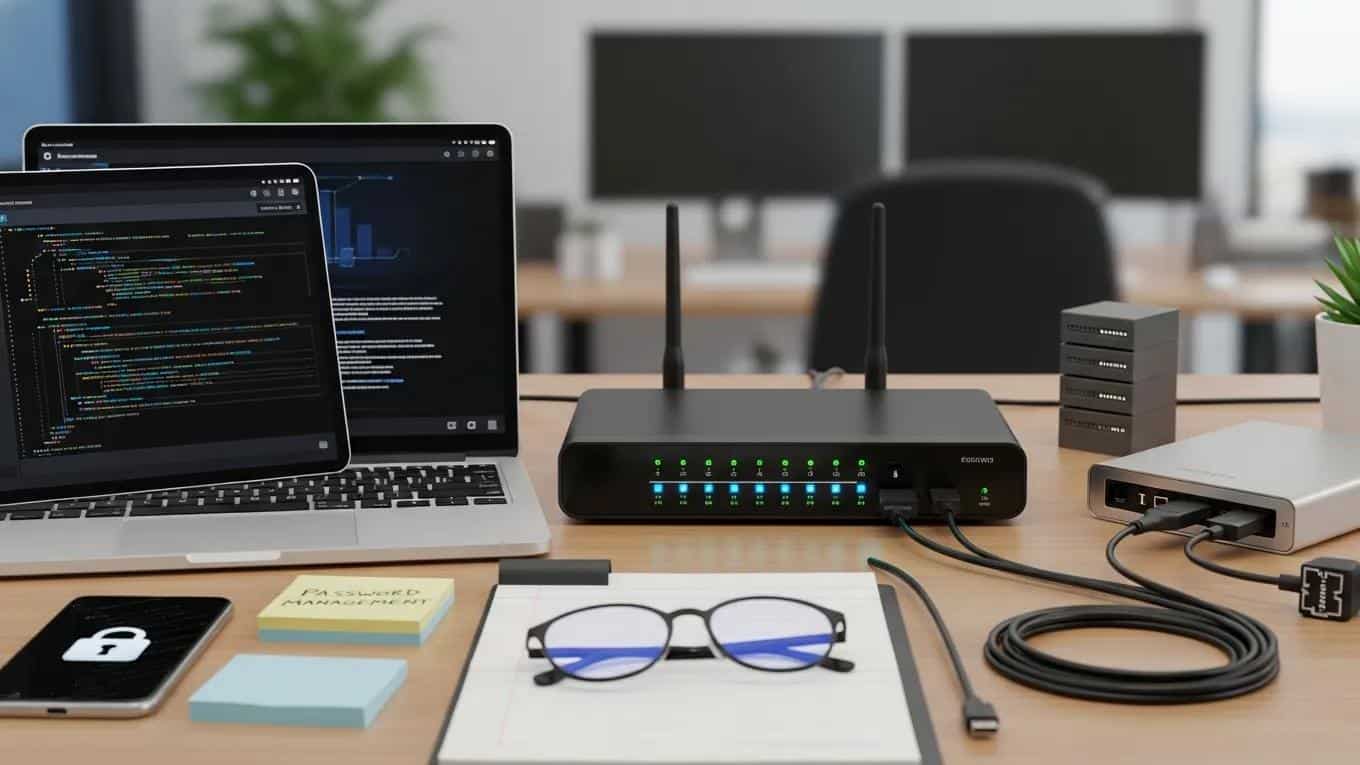 Essential cybersecurity tools including firewalls and endpoint devices on a workspace desk Essential cybersecurity tools including firewalls and endpoint devices on a workspace desk