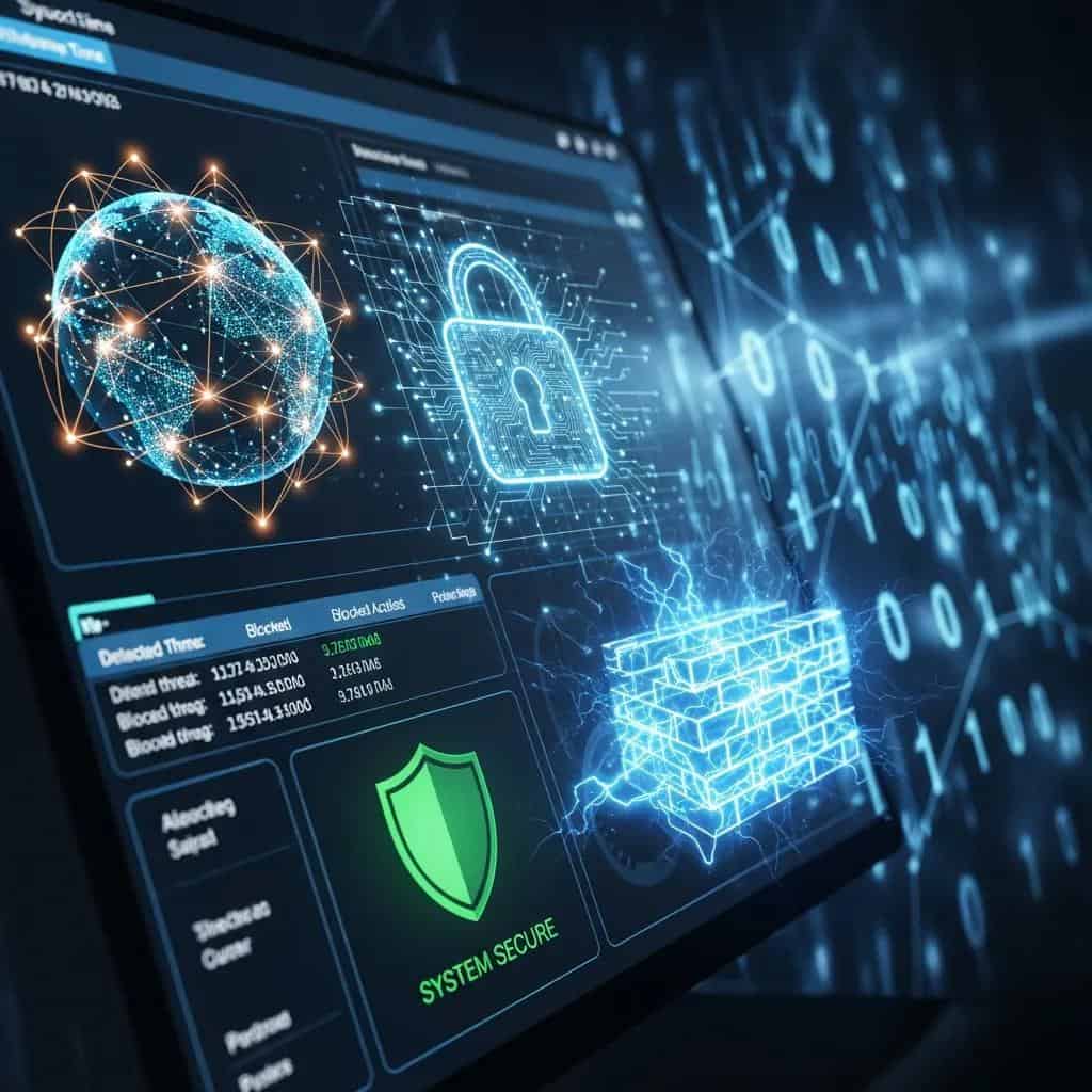 Graphic showing cybersecurity protections safeguarding business data