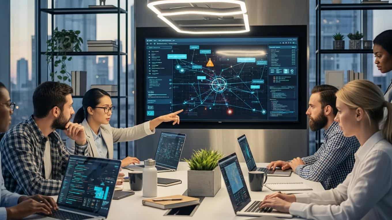 Professionals collaborating on cybersecurity solutions in a modern office