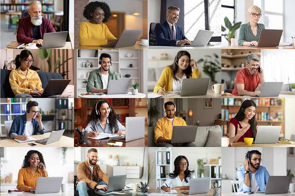Remote workers at a nonprofit chat over videoconferencing.